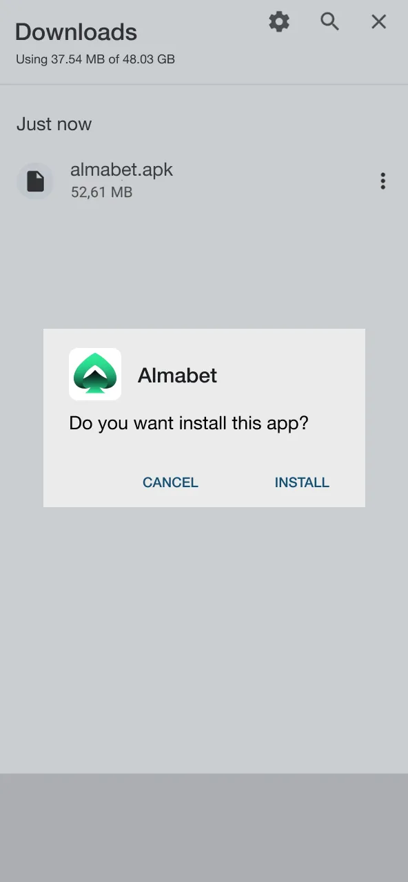 Tap Install on Almabet file from notifications or folder.