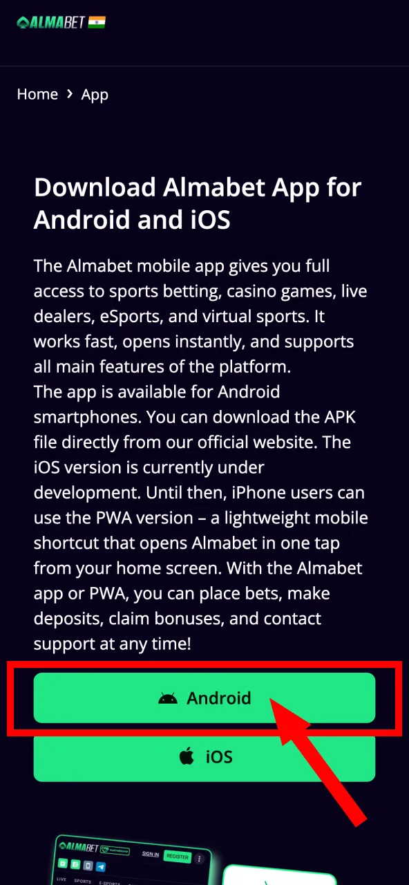 Begin Almabet app install by tapping green Android button.