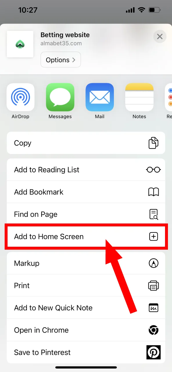 Choose Add to Home Screen on Almabet to save shortcut.
