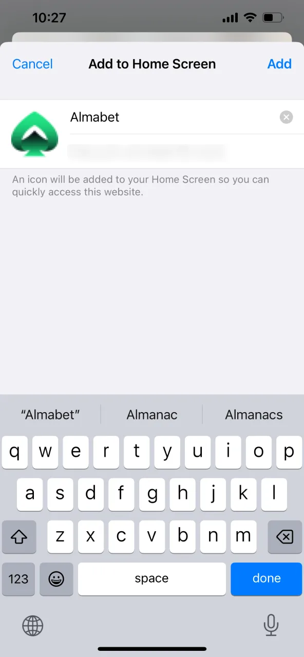 Leave Almabet as shortcut name or change it, then press Add.