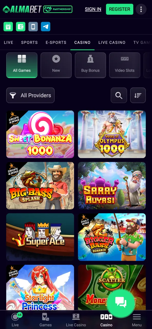 Almabet casino section with slots and table games.
