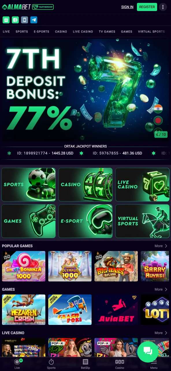 Main page of Almabet showing key betting sections.