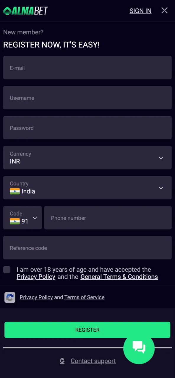 Almabet registration form with fields for new users.