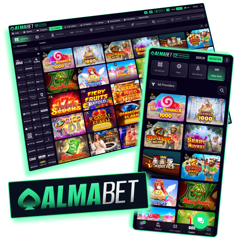 Almabet casino platform with diverse games and real dealer entertainment.