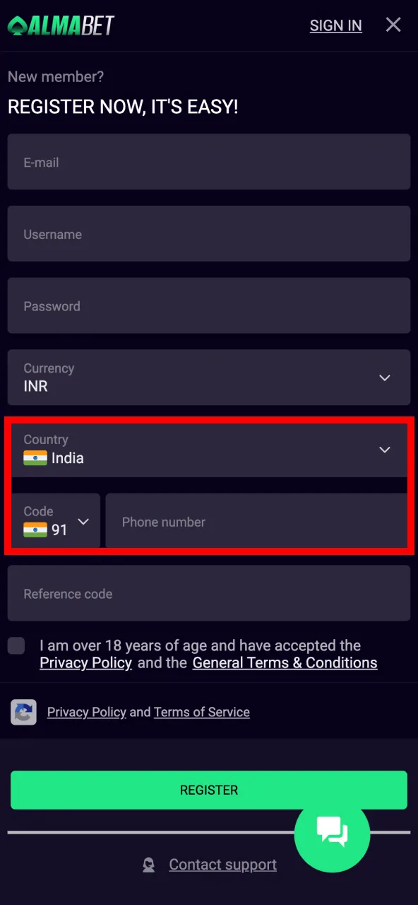 Select India on Almabet and enter your phone number with country code.