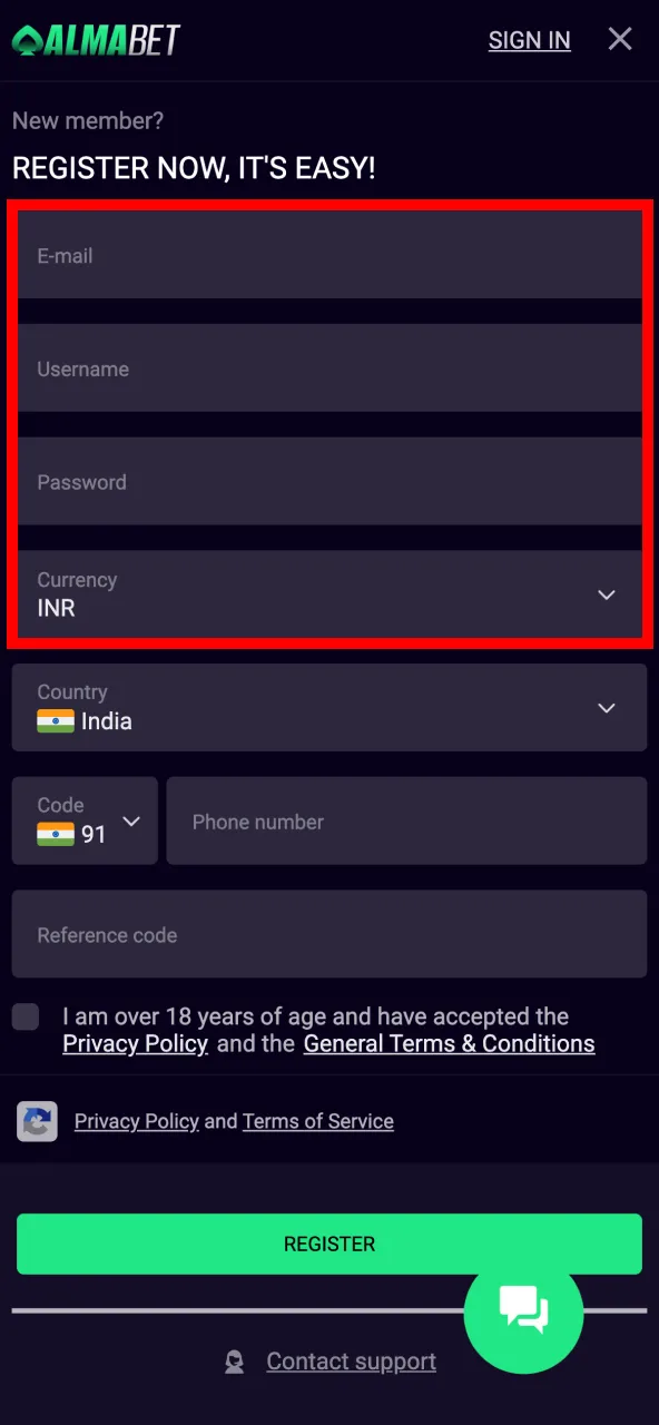 Enter details to register on Almabet including INR as currency.