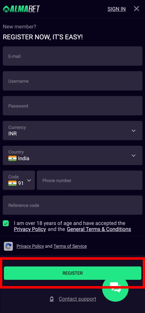 Press green Register button on Almabet to finish signup.